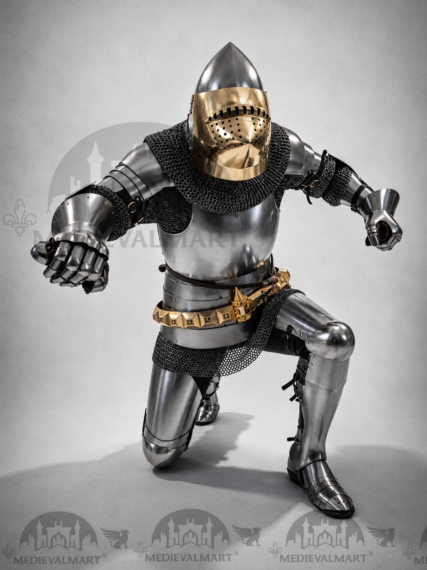 MEDIEVALMART Historical Knight Full Body Steel Armor Suit W/H Hundsgugel Helmet, Cuirass Stop Rib or Brass Touch