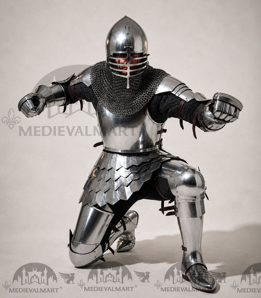 MEDIEVALMART 14th Century Knight Crusader-Era Transitional Plate Hybrid Armor W/H Wolf Ribs Bacinet & Pole Arms Hammer