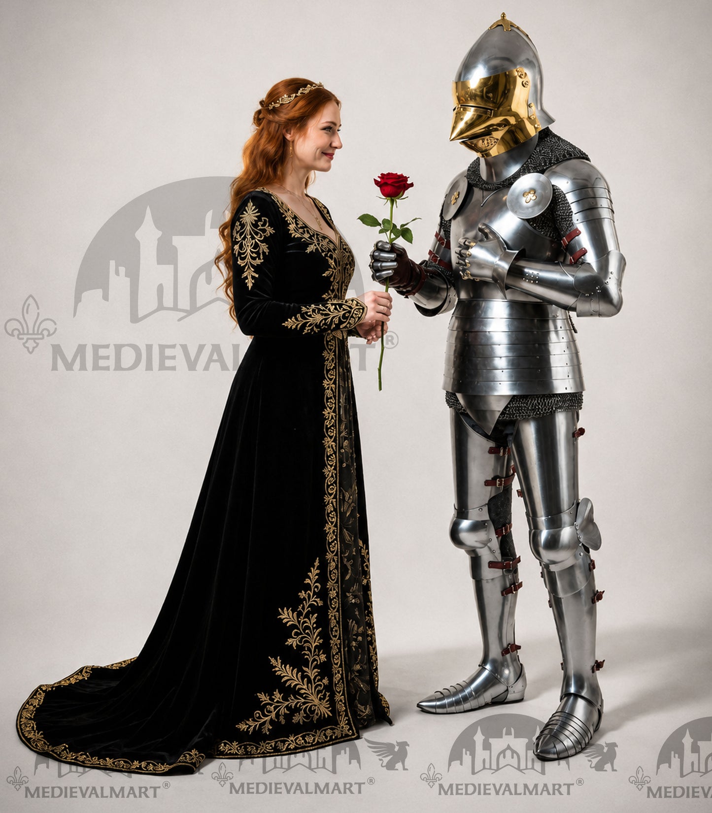 MEDIEVALMART 15th-Century English knight Warrior Gothic Plate Armor Costume W/H Gold Face Hounskull Helmet