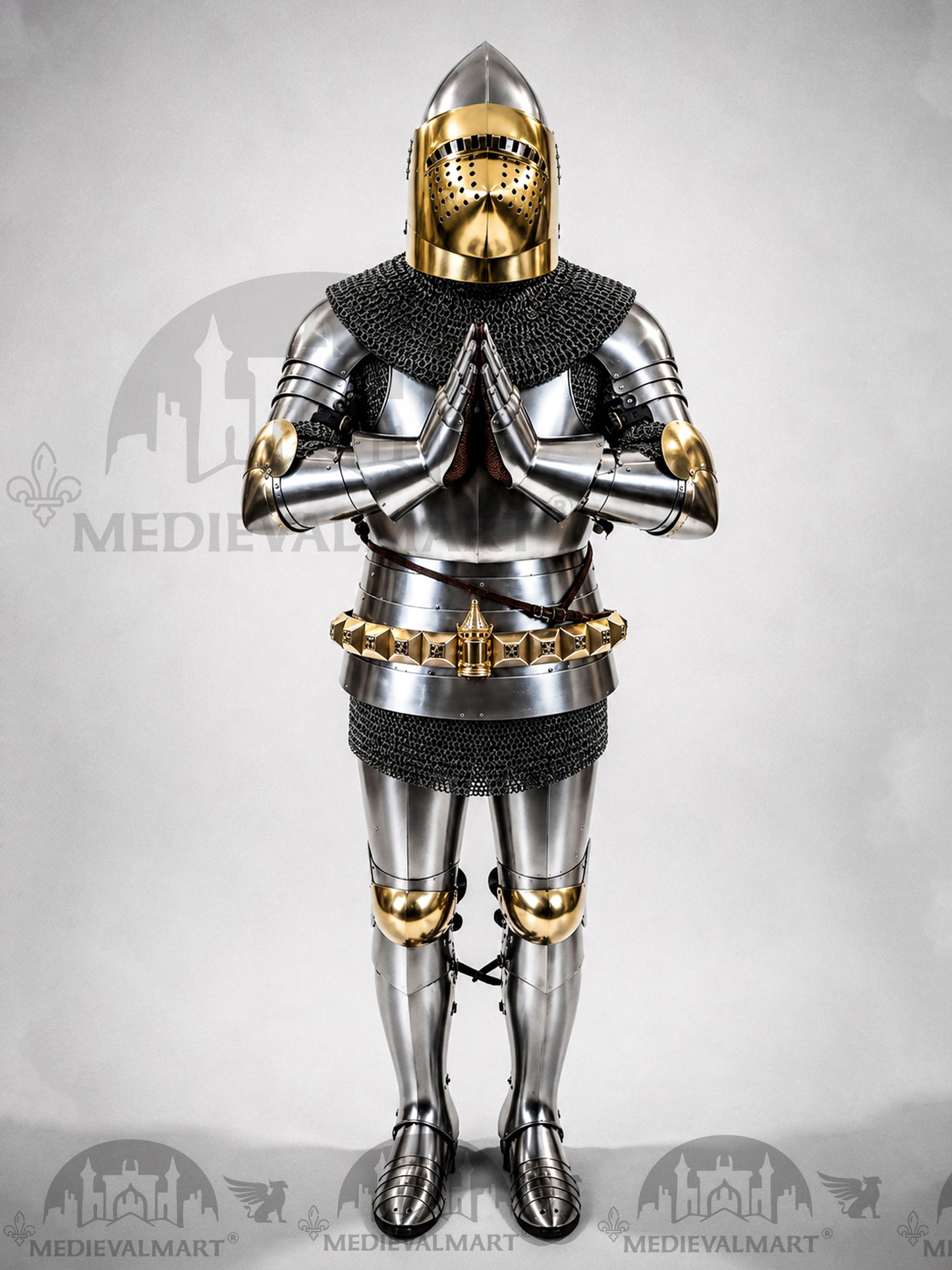 MEDIEVALMART Historical Knight Full Body Steel Armor Suit W/H Hundsgugel Helmet, Cuirass Stop Rib or Brass Touch