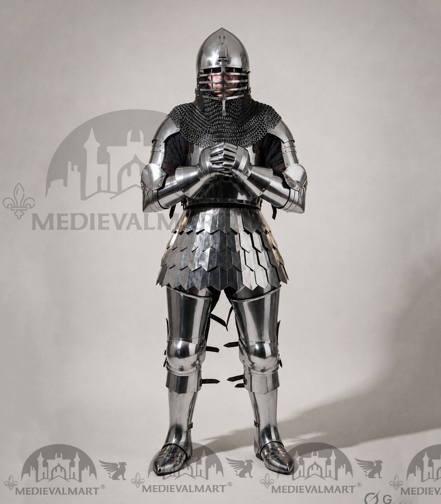 MEDIEVALMART 14th Century Knight Crusader-Era Transitional Plate Hybrid Armor W/H Wolf Ribs Bacinet & Pole Arms Hammer