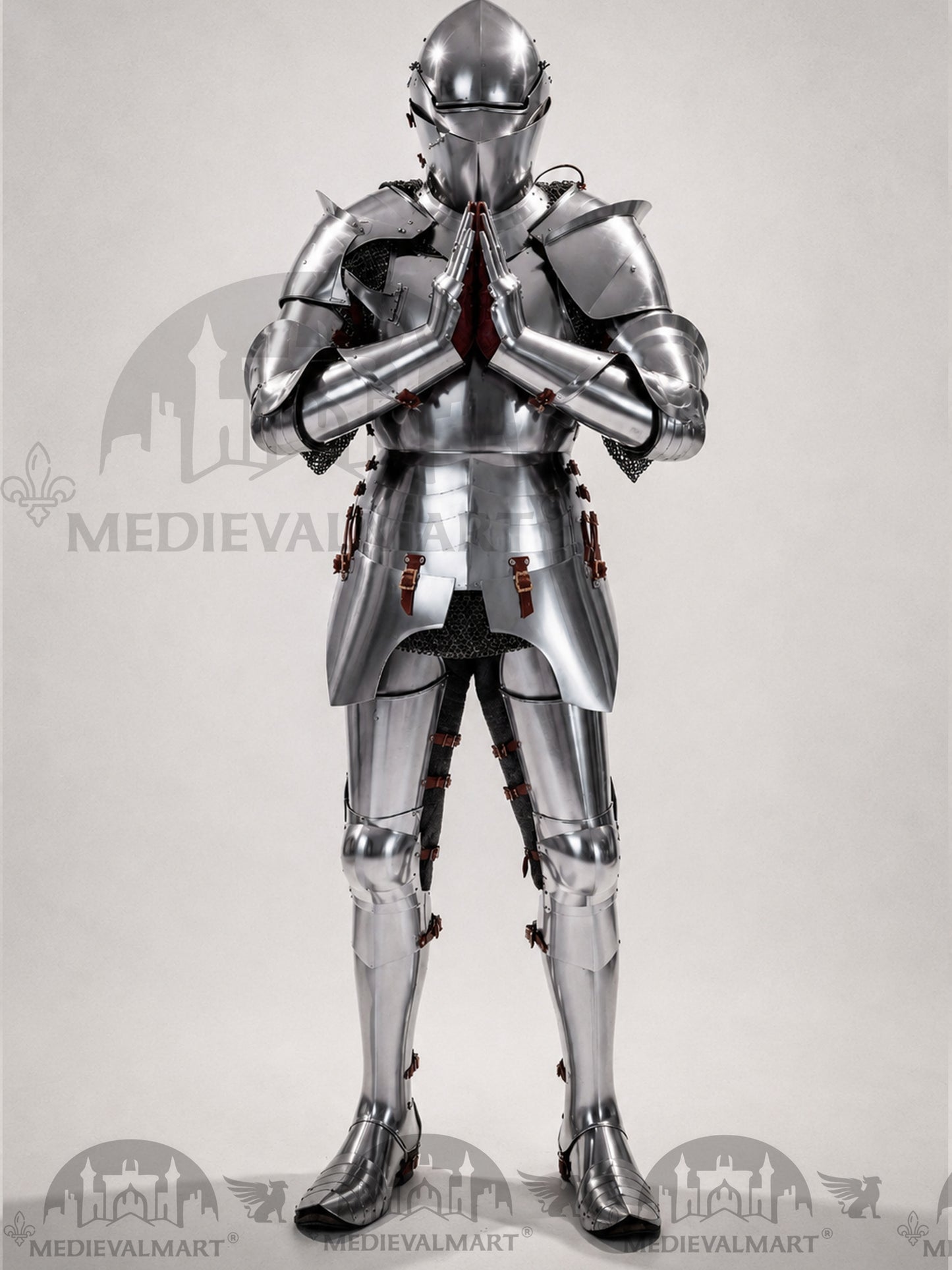 MEDIEVALMART 14th-Cen European English Hardend Steel Plate Armor Buff Polish W/H Houndskull Closed Bascinet