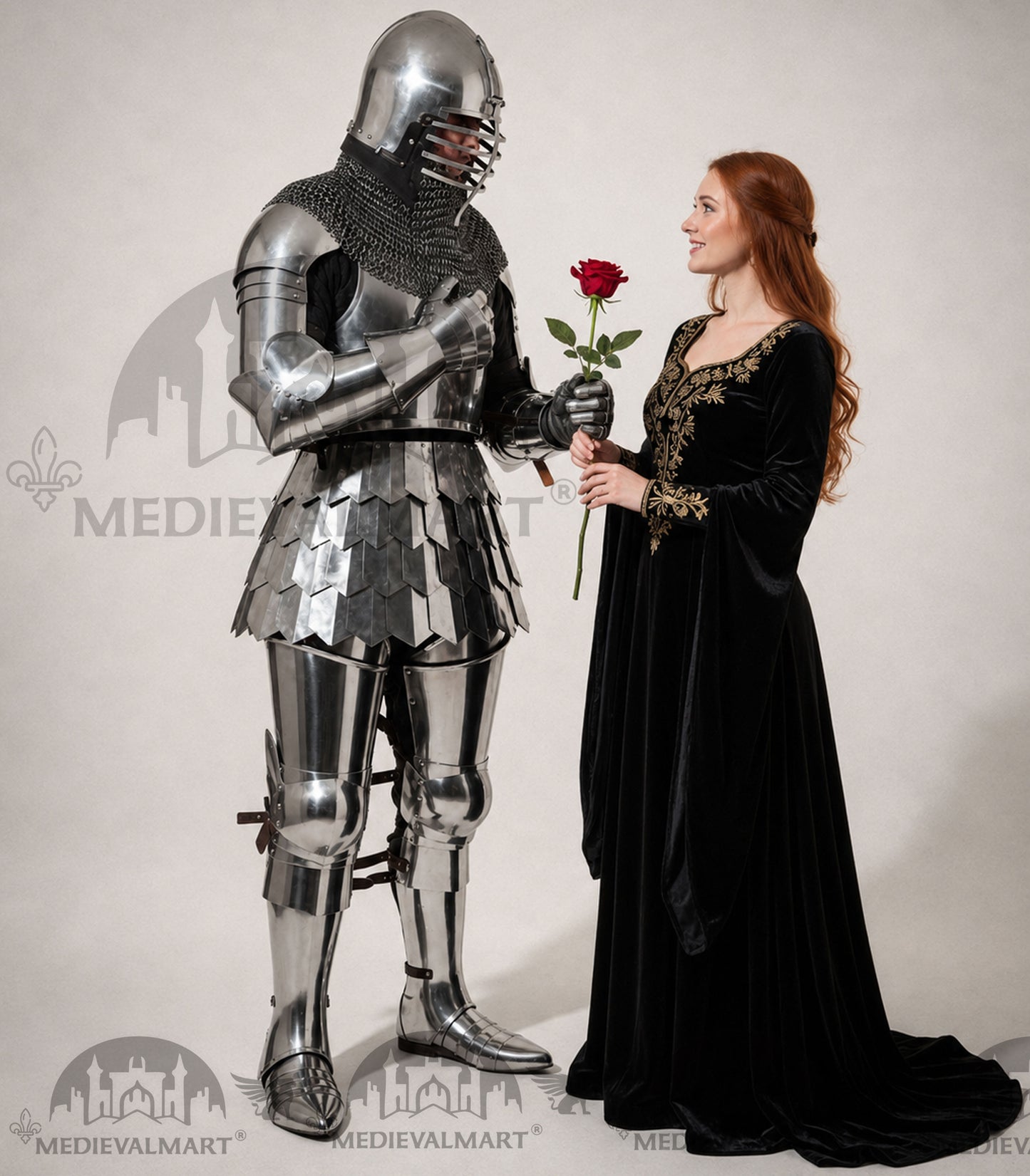 MEDIEVALMART 14th Century Knight Crusader-Era Transitional Plate Hybrid Armor W/H Wolf Ribs Bacinet & Pole Arms Hammer