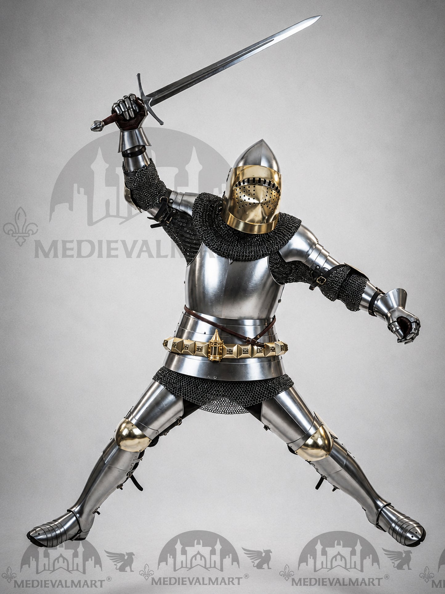 MEDIEVALMART Historical Knight Full Body Steel Armor Suit W/H Hundsgugel Helmet, Cuirass Stop Rib or Brass Touch