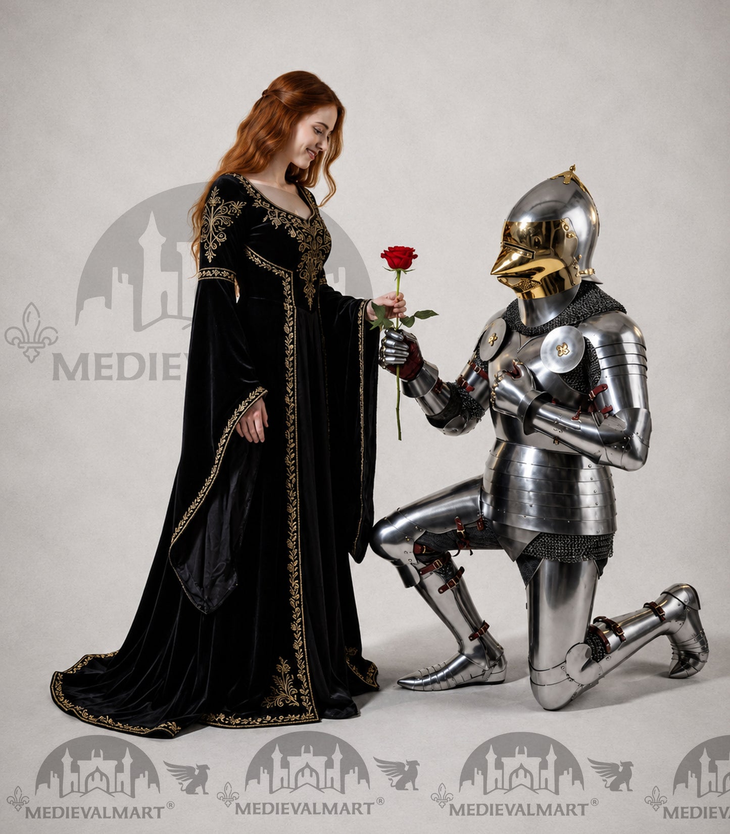 MEDIEVALMART 15th-Century English knight Warrior Gothic Plate Armor Costume W/H Gold Face Hounskull Helmet