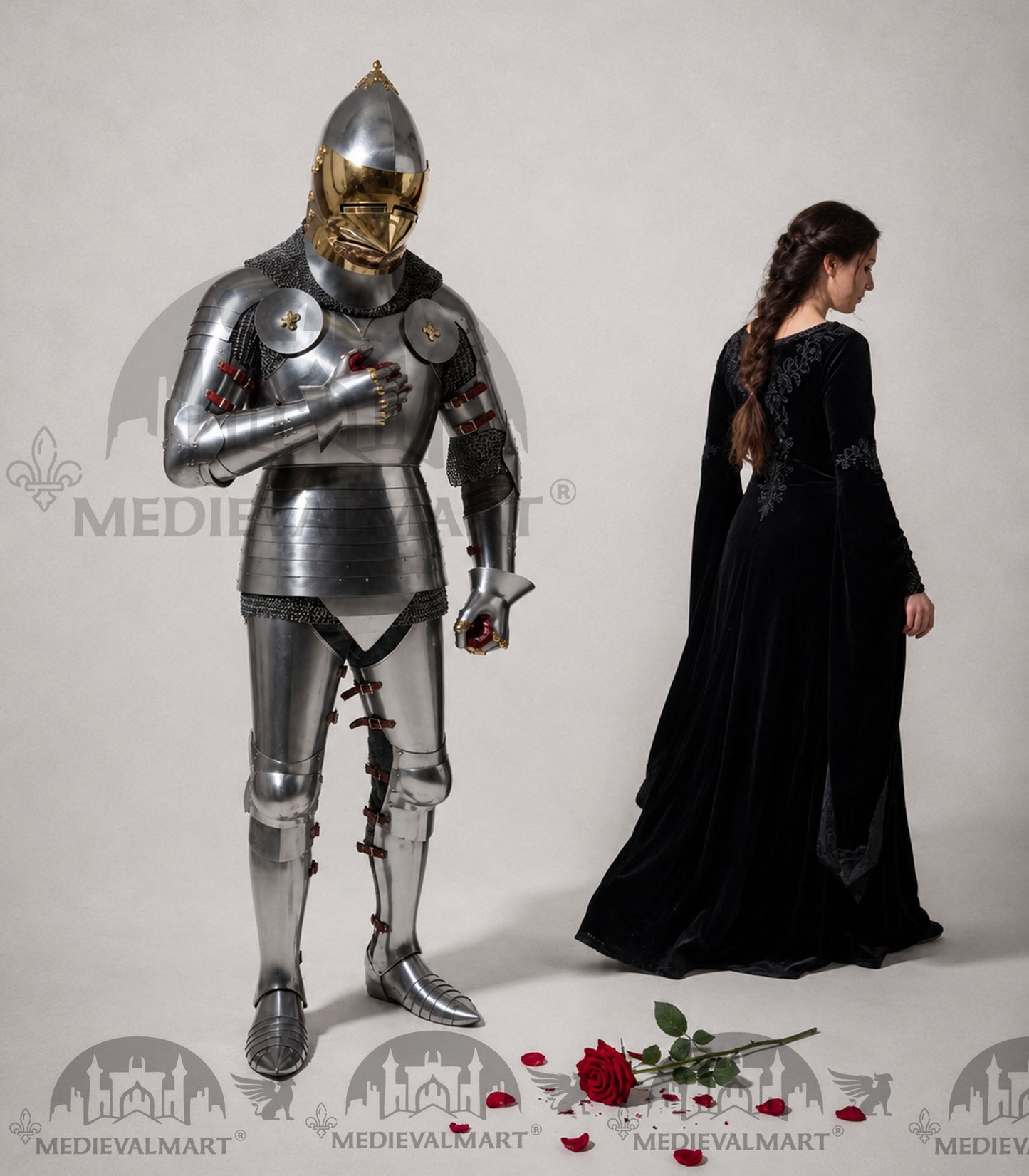 MEDIEVALMART 15th-Century English knight Warrior Gothic Plate Armor Costume W/H Gold Face Hounskull Helmet