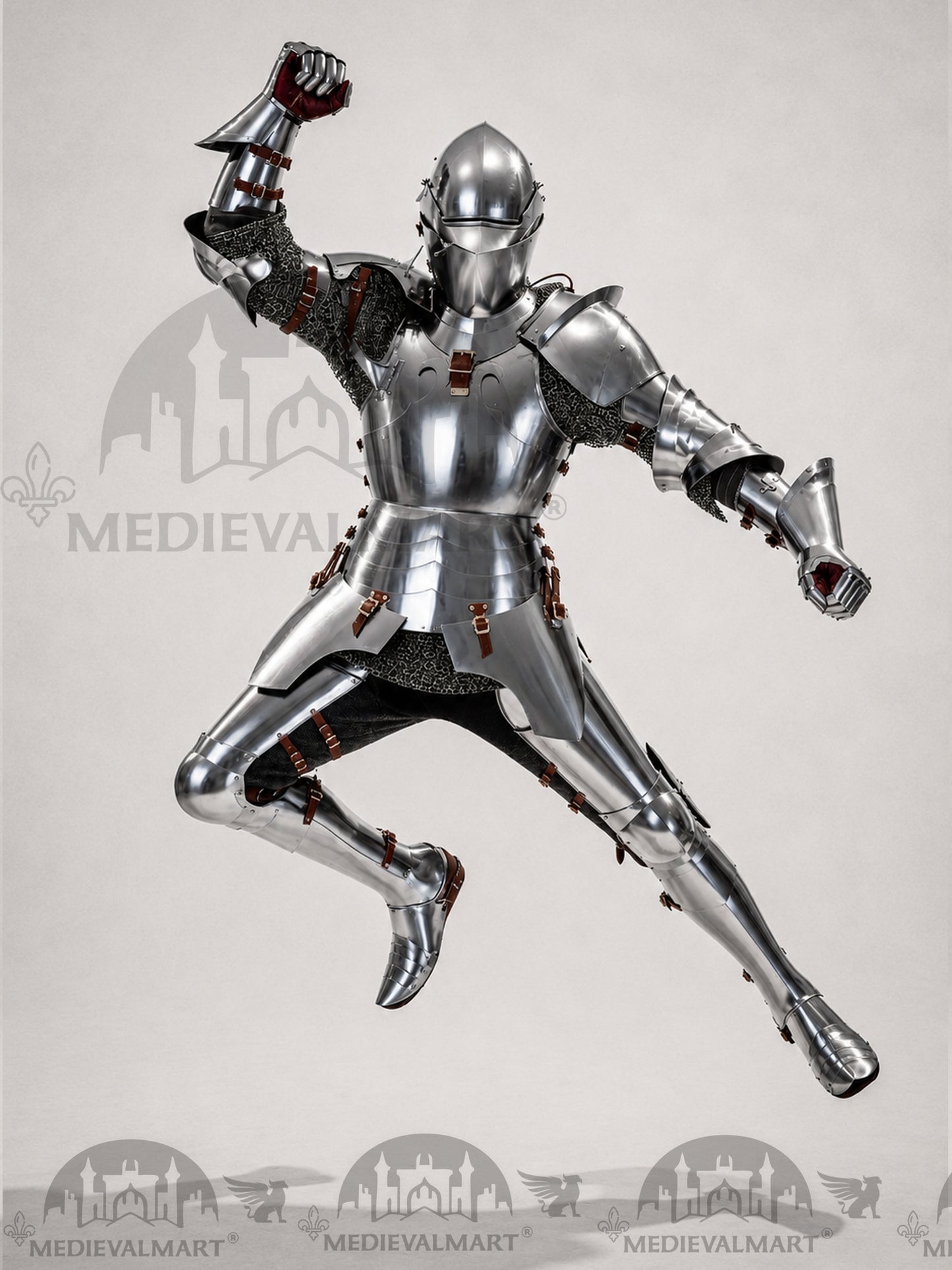 MEDIEVALMART 14th-Cen European English Hardend Steel Plate Armor Buff Polish W/H Houndskull Closed Bascinet