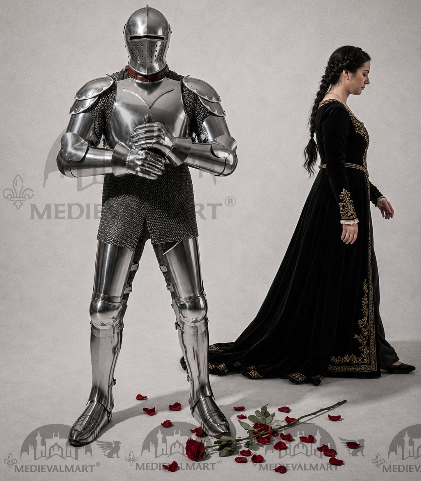 MEDIEVALMART Armure complète de combat authentique du XIVe siècle avec épée et cotte de mailles intérieure
