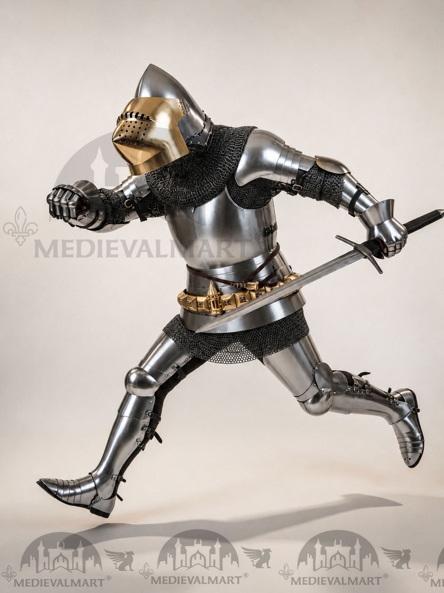 MEDIEVALMART Historical Knight Full Body Steel Armor Suit W/H Hundsgugel Helmet, Cuirass Stop Rib or Brass Touch