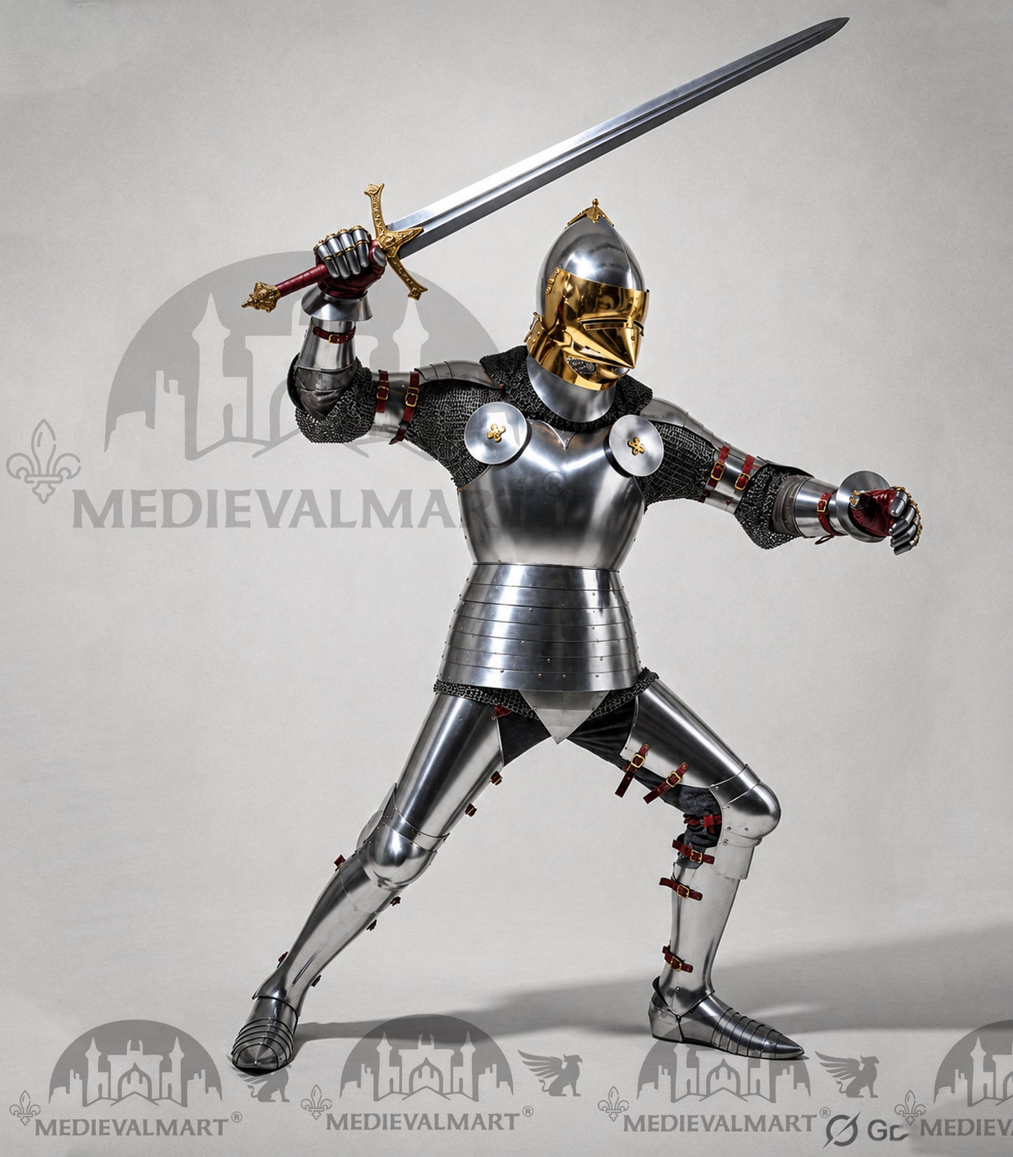 MEDIEVALMART 15th-Century English knight Warrior Gothic Plate Armor Costume W/H Gold Face Hounskull Helmet