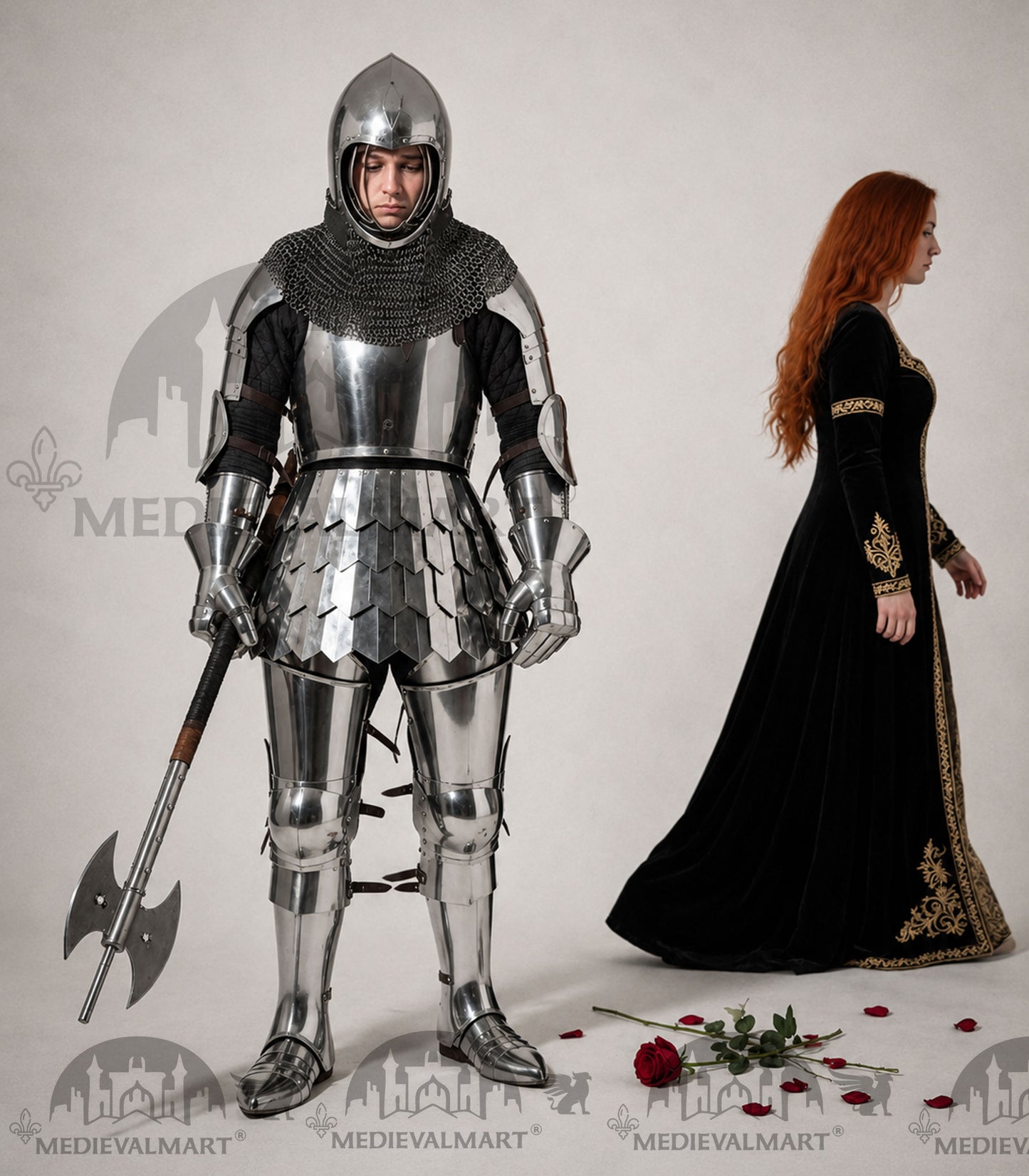 MEDIEVALMART 14th Century Knight Crusader-Era Transitional Plate Hybrid Armor W/H Wolf Ribs Bacinet & Pole Arms Hammer