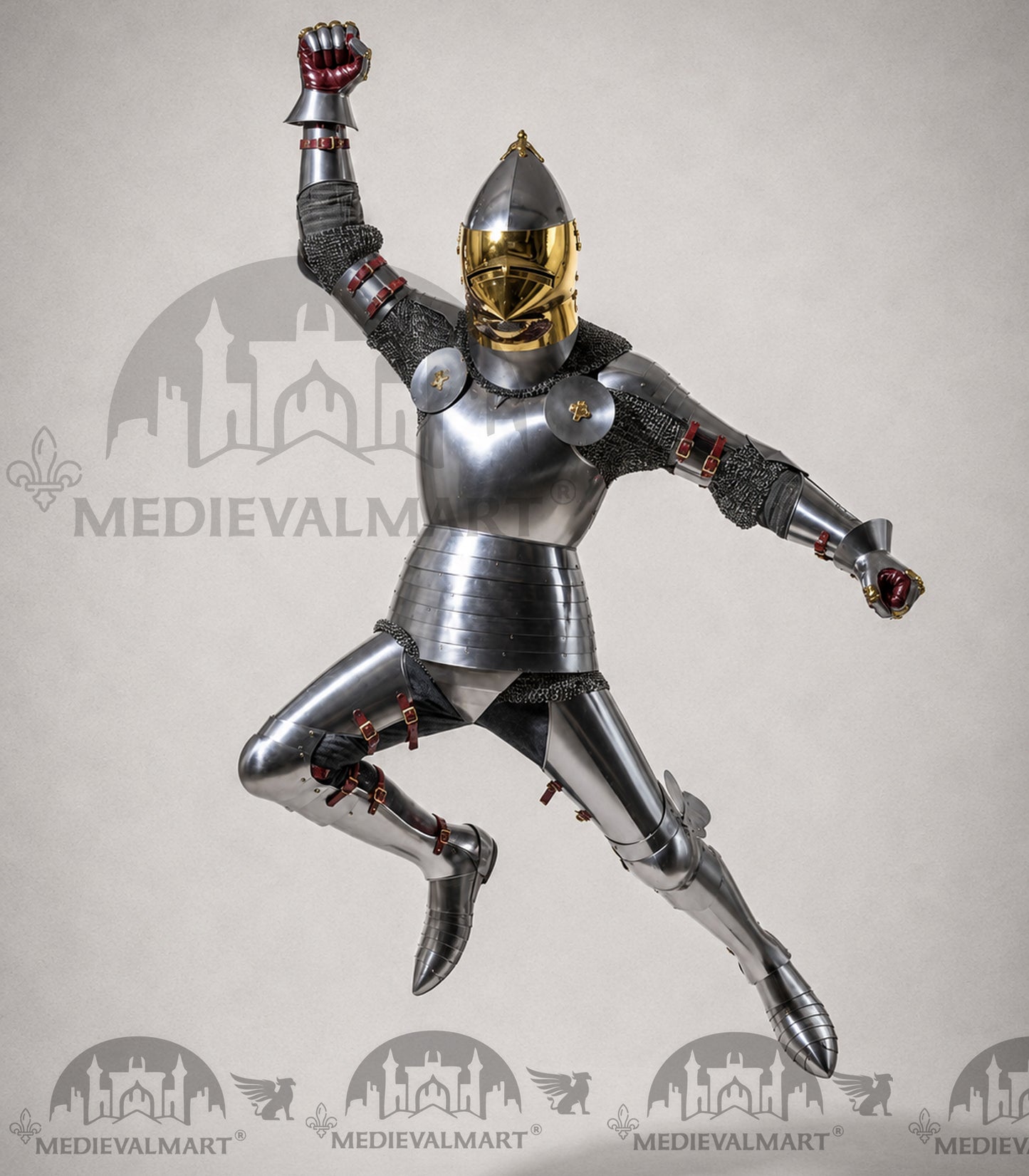 MEDIEVALMART 15th-Century English knight Warrior Gothic Plate Armor Costume W/H Gold Face Hounskull Helmet