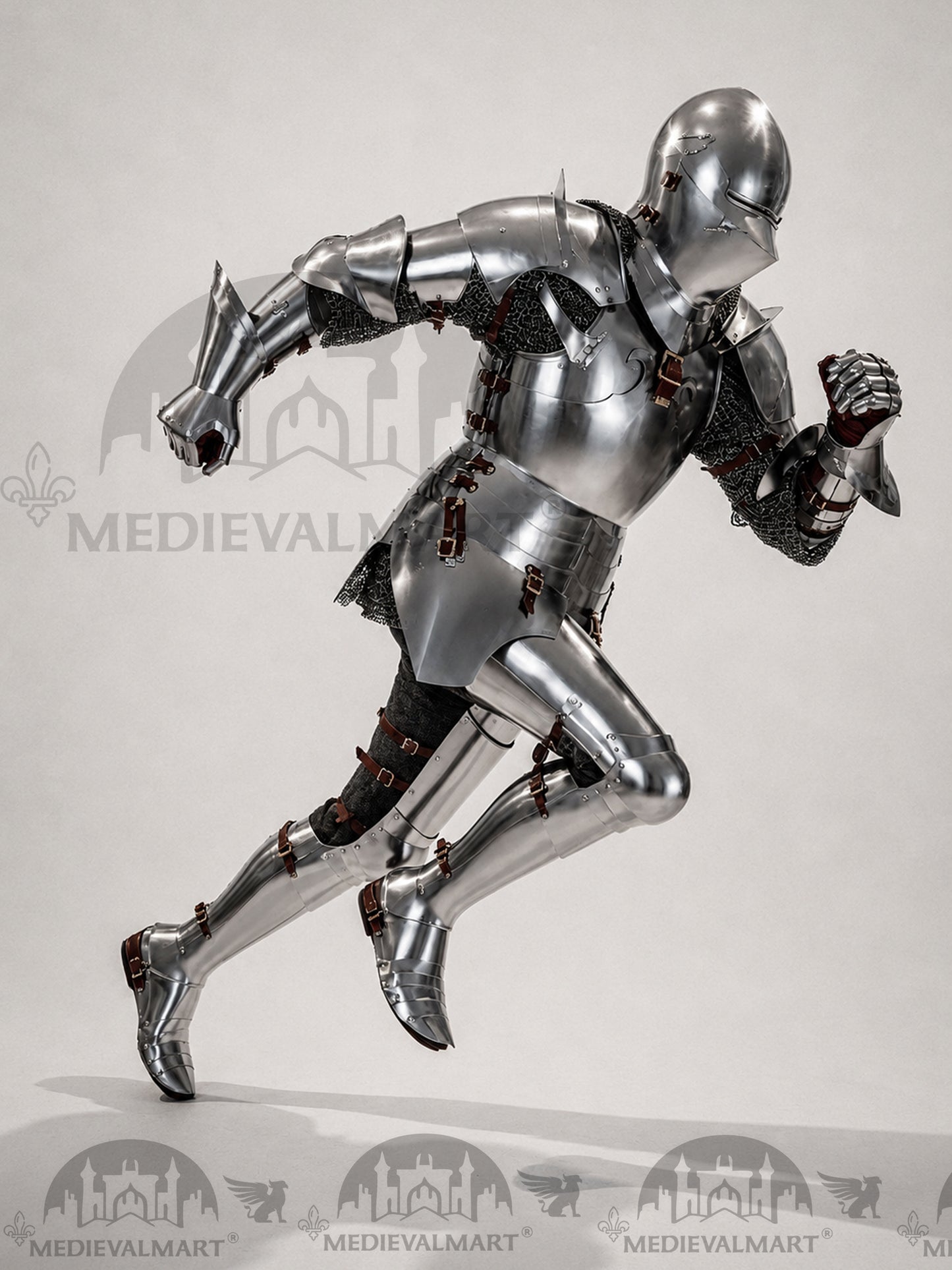 MEDIEVALMART 14th-Cen European English Hardend Steel Plate Armor Buff Polish W/H Houndskull Closed Bascinet