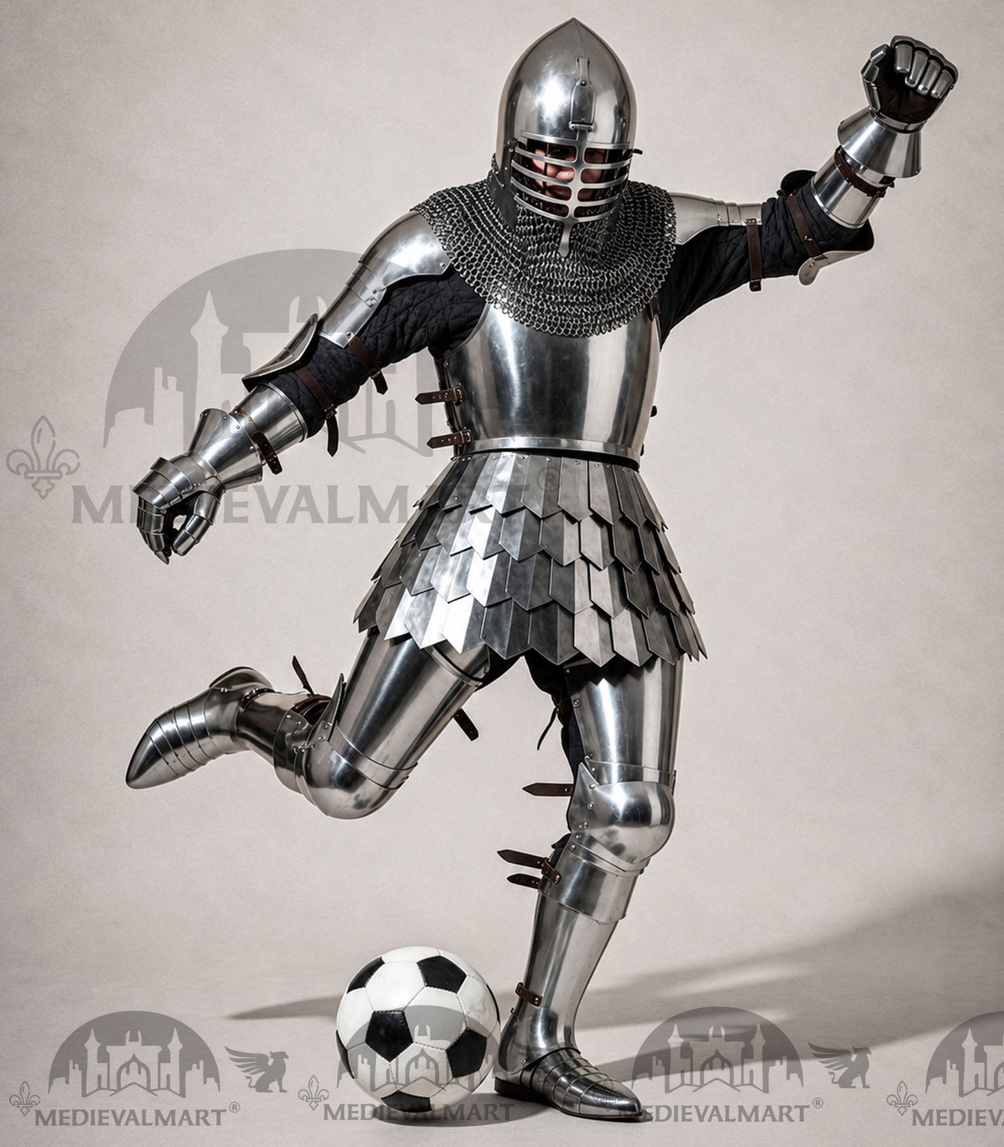 MEDIEVALMART 14th Century Knight Crusader-Era Transitional Plate Hybrid Armor W/H Wolf Ribs Bacinet & Pole Arms Hammer